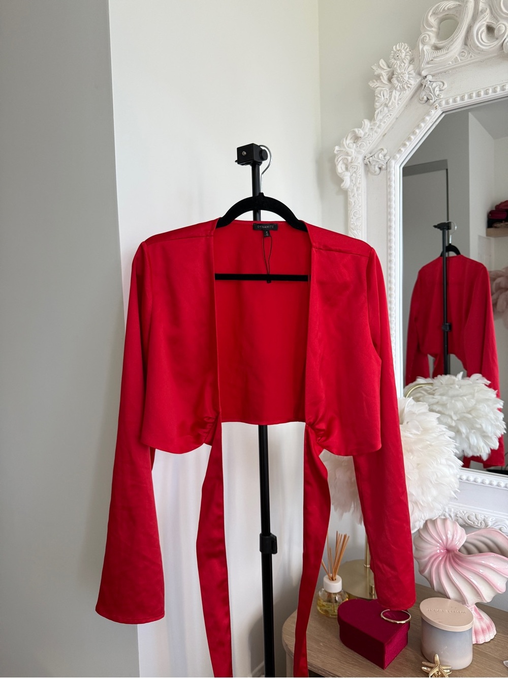 Dynamite Red Satin Tie Front Bell Sleeve Crop Top - Picture 8 of 11